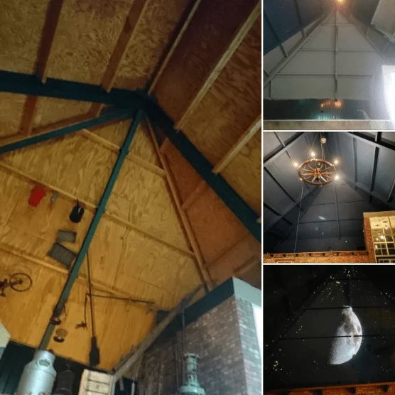 Blauw gespoten houten plafond